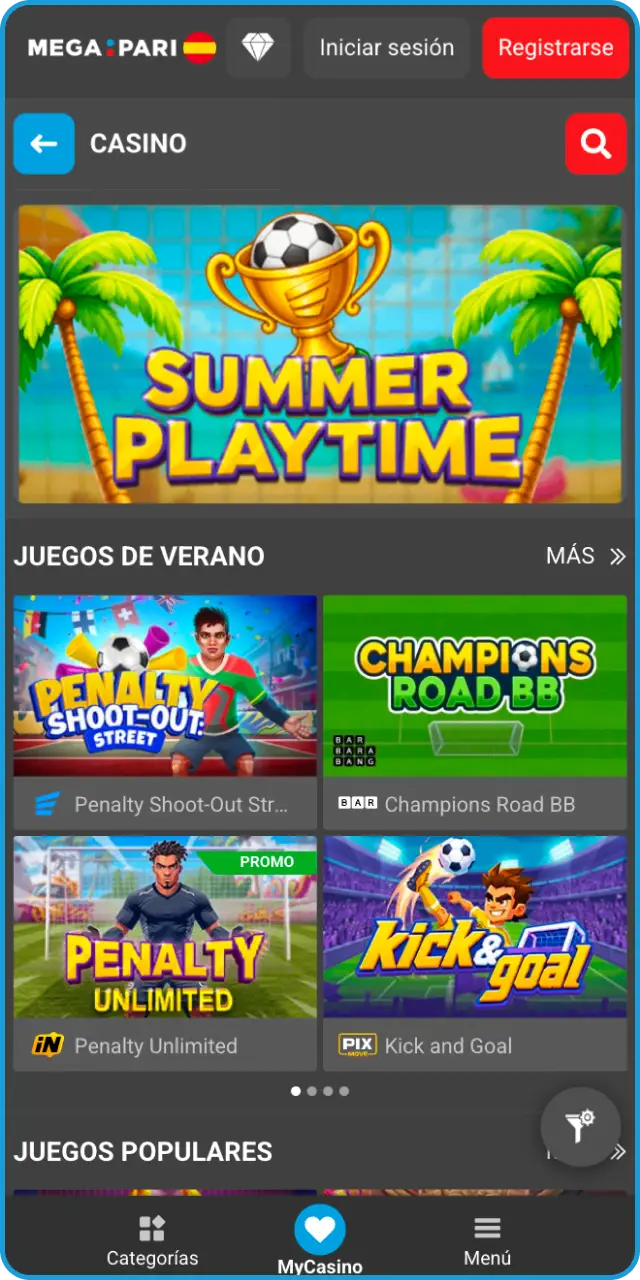 Explora la sección de tragaperras y mesas en la app de MegaPari.
