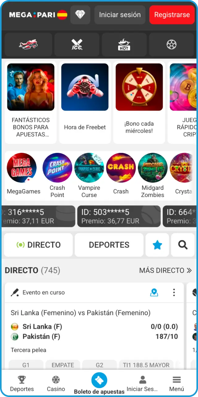 Navega por la pantalla de inicio dentro de la app de MegaPari.