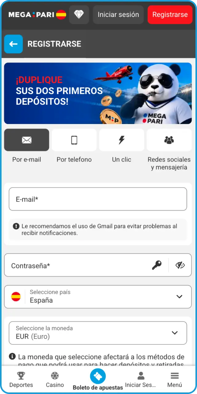 Completa el formulario y crea tu cuenta en la app de MegaPari.