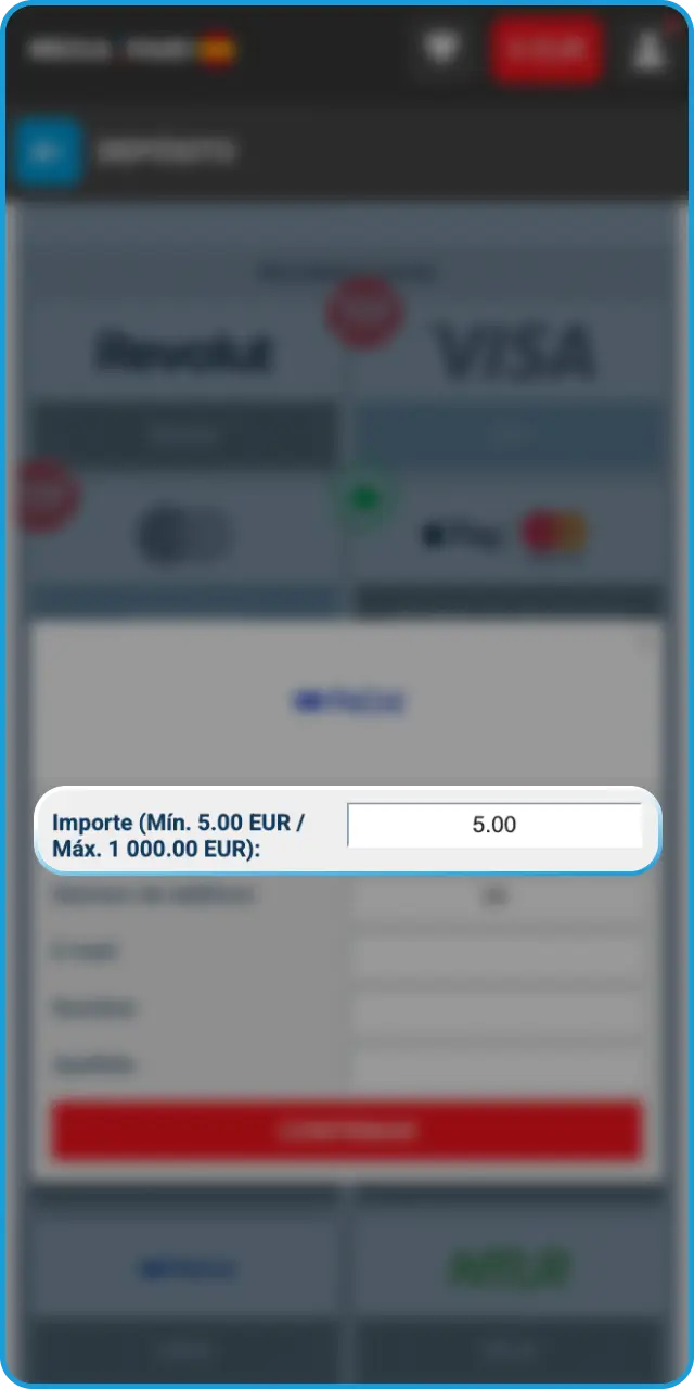 Indica la cantidad de fondos que deseas abonar en tu depósito en MegaPari.