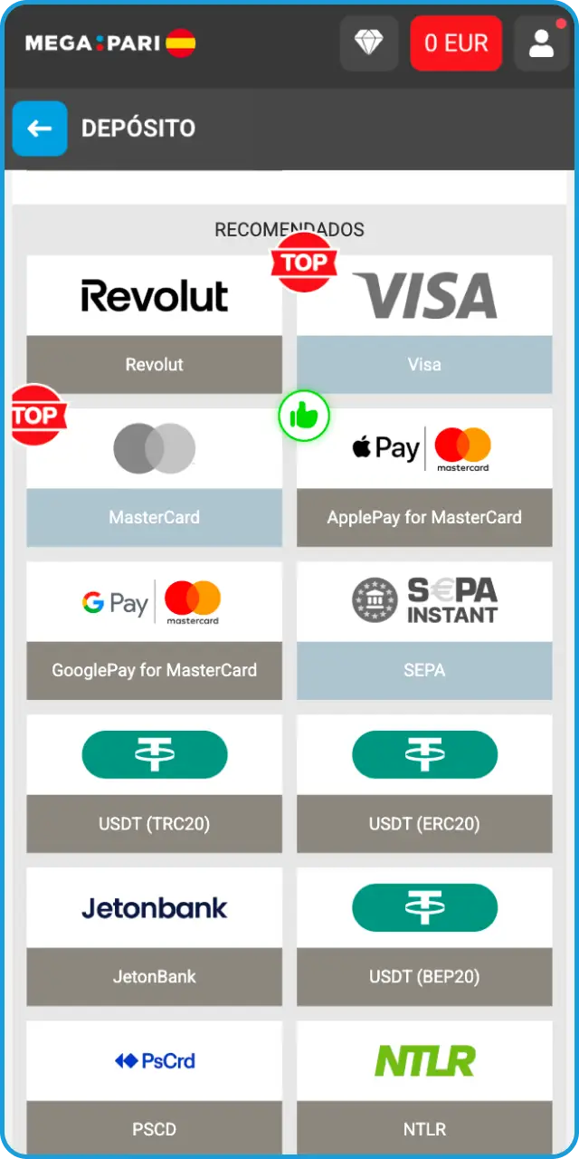 Selecciona la alternativa de pago más rápida para tu depósito en MegaPari.