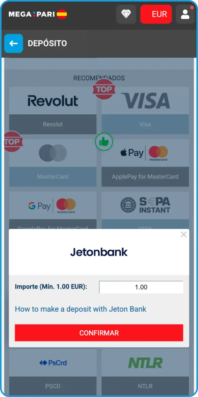 Recarga tu saldo de usuario para financiar tus apuestas en MegaPari Fútbol.