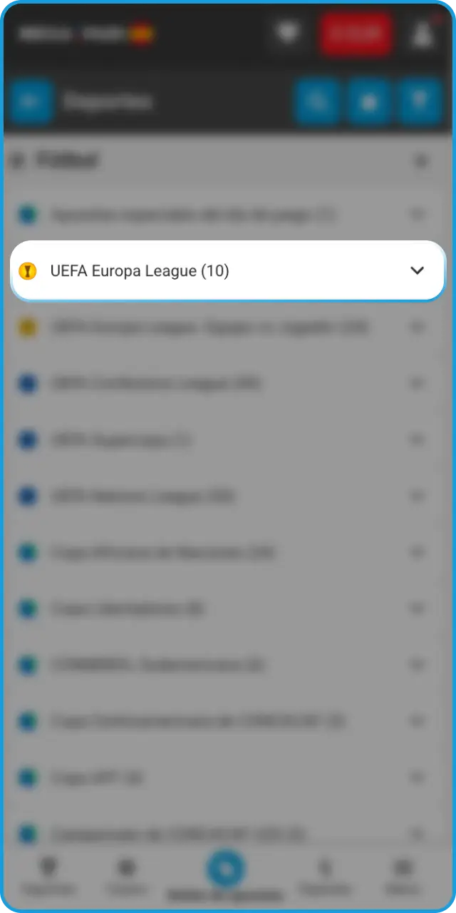 Selecciona la competición y el encuentro que prefieras en MegaPari Fútbol.
