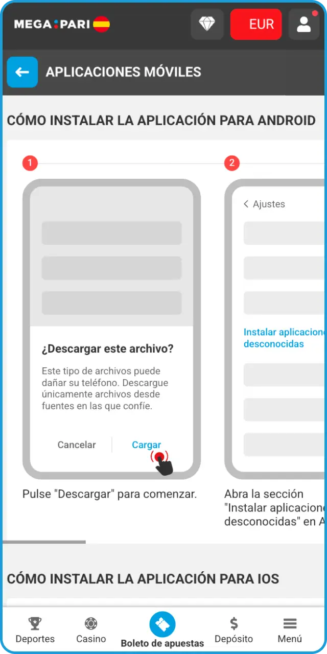 Descarga la versión APK compatible con dispositivos Android en la app de MegaPari MMA.
