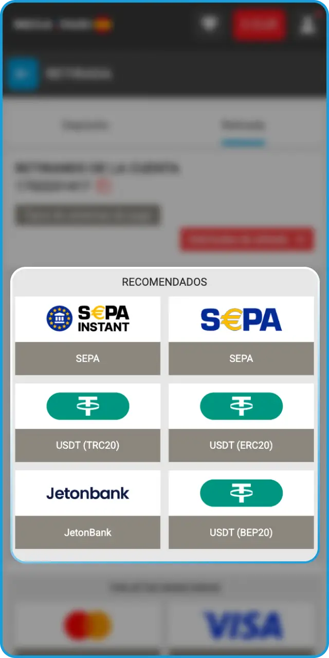 Escoge el sistema de pago y el importe del retiro en MegaPari.