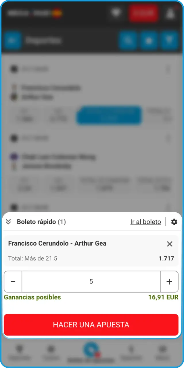Confirma tu selección en el boleto para validar tu apuesta en MegaPari Tenis.