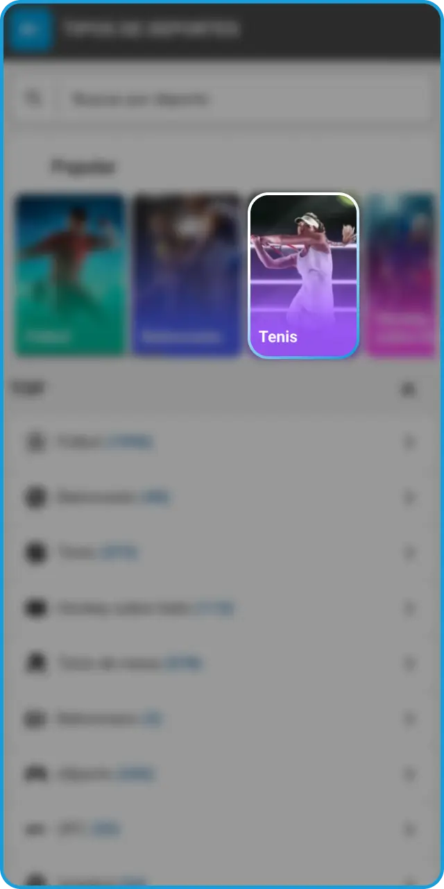 Dirígete a la sección de deportes y selecciona la categoría de MegaPari Tenis.