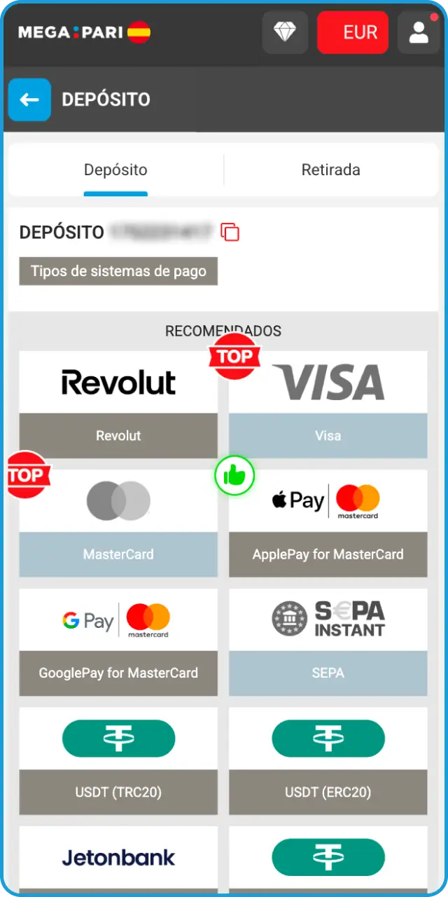 Añade saldo a tu saldo personal para apostar en las tragaperras en MegaPari.